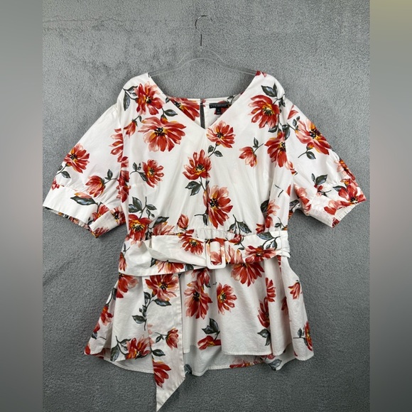 Lane Bryant Tops - Lane Bryant belted peplum style top red floral size 24 preowned